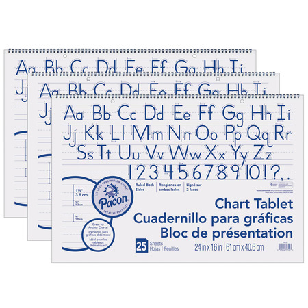 PACON Chart Tablet, Manuscript Cover, Ruled, 24 x 16, 25 Sheets/Tablet, PK3 74720